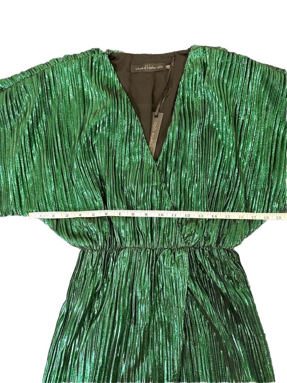 House of Harlow 1960 XS Emerald Green Metallic Pleated Maxi Dress Slit Glam NWT - Picture 6 of 8
